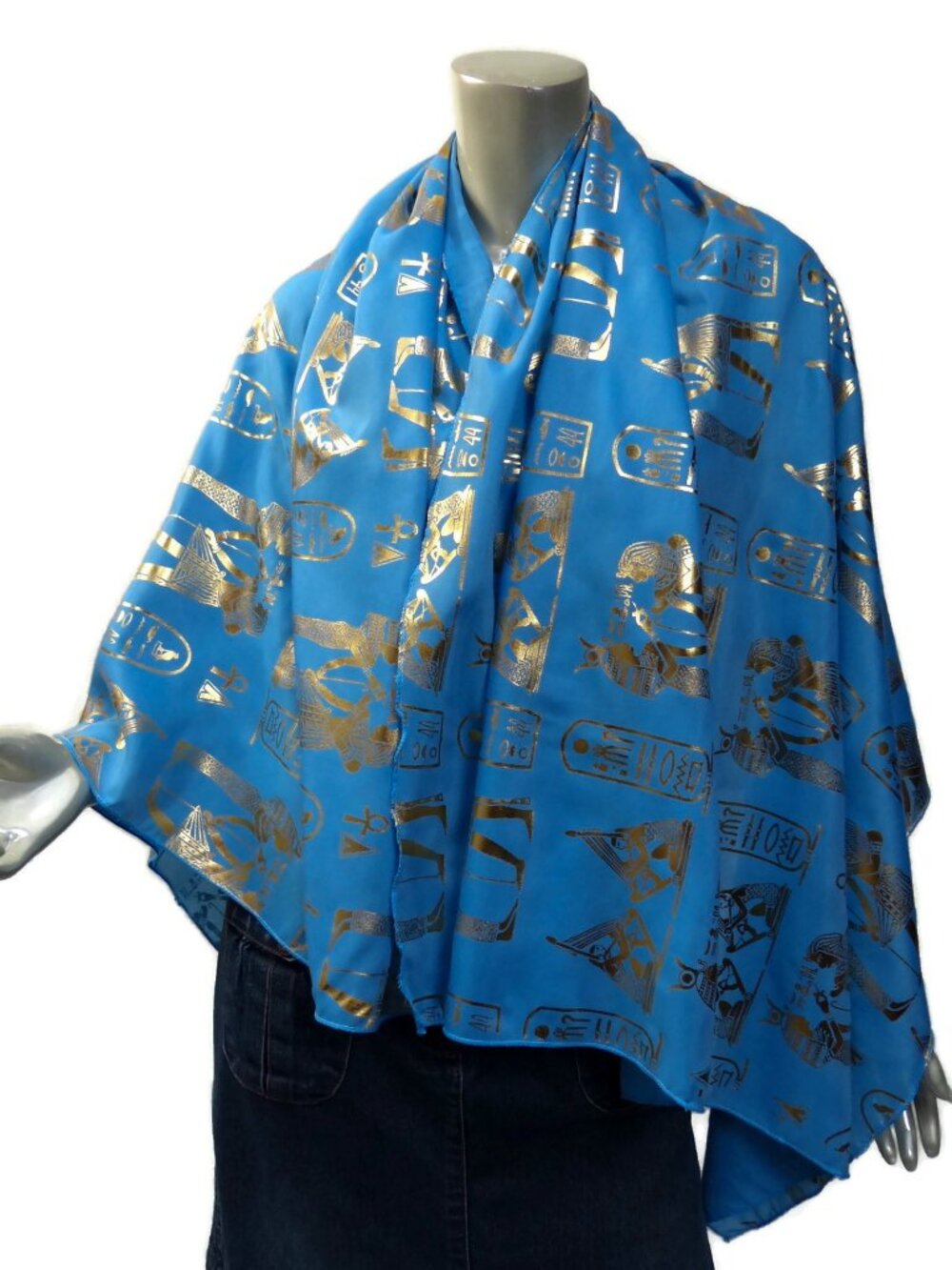 Egyptian Hieroglyphs Scarf Lightweight Gold on Light Blue 40 x 56" Museum